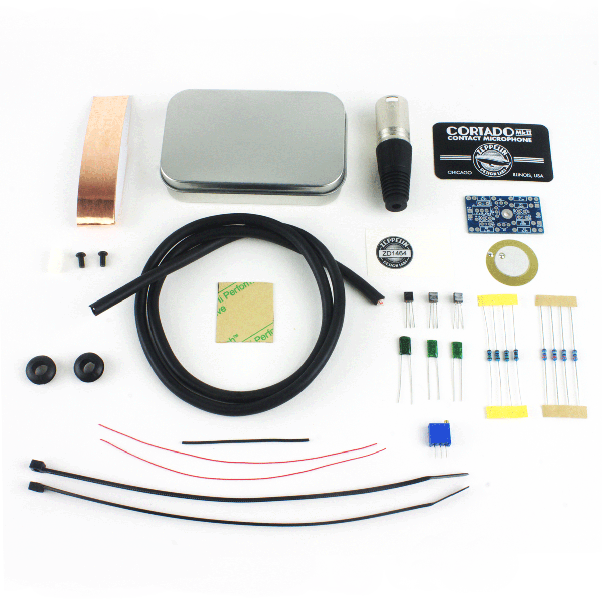 Cortado MkII contact microphone kit contents laid out
