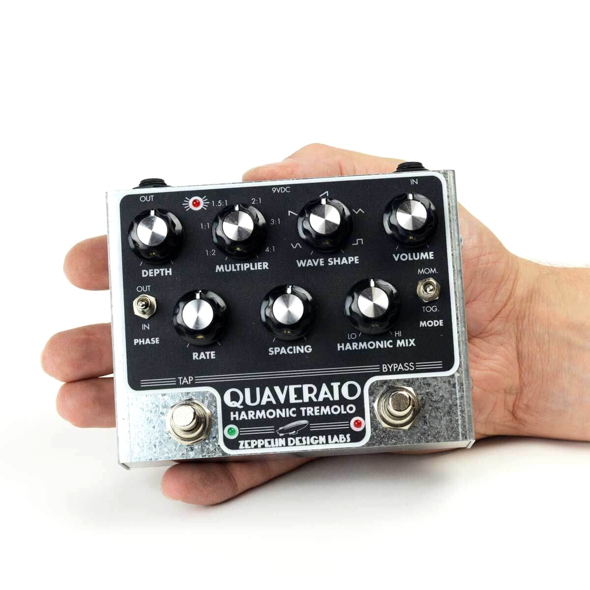 Assembled Quaverato Harmonic Tremolo pedal held in a hand